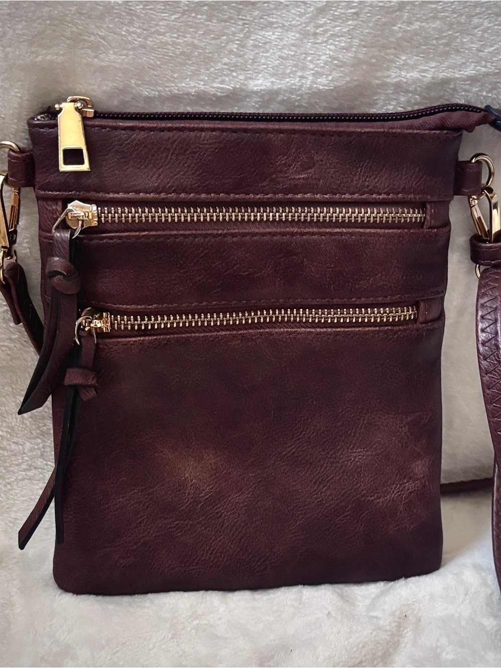 Brown Faux Leather Crossbody Bag Multi Zip Boho Everyday Purse